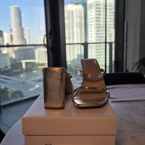 Gold Strappy Square-Toe Heeled Sandals